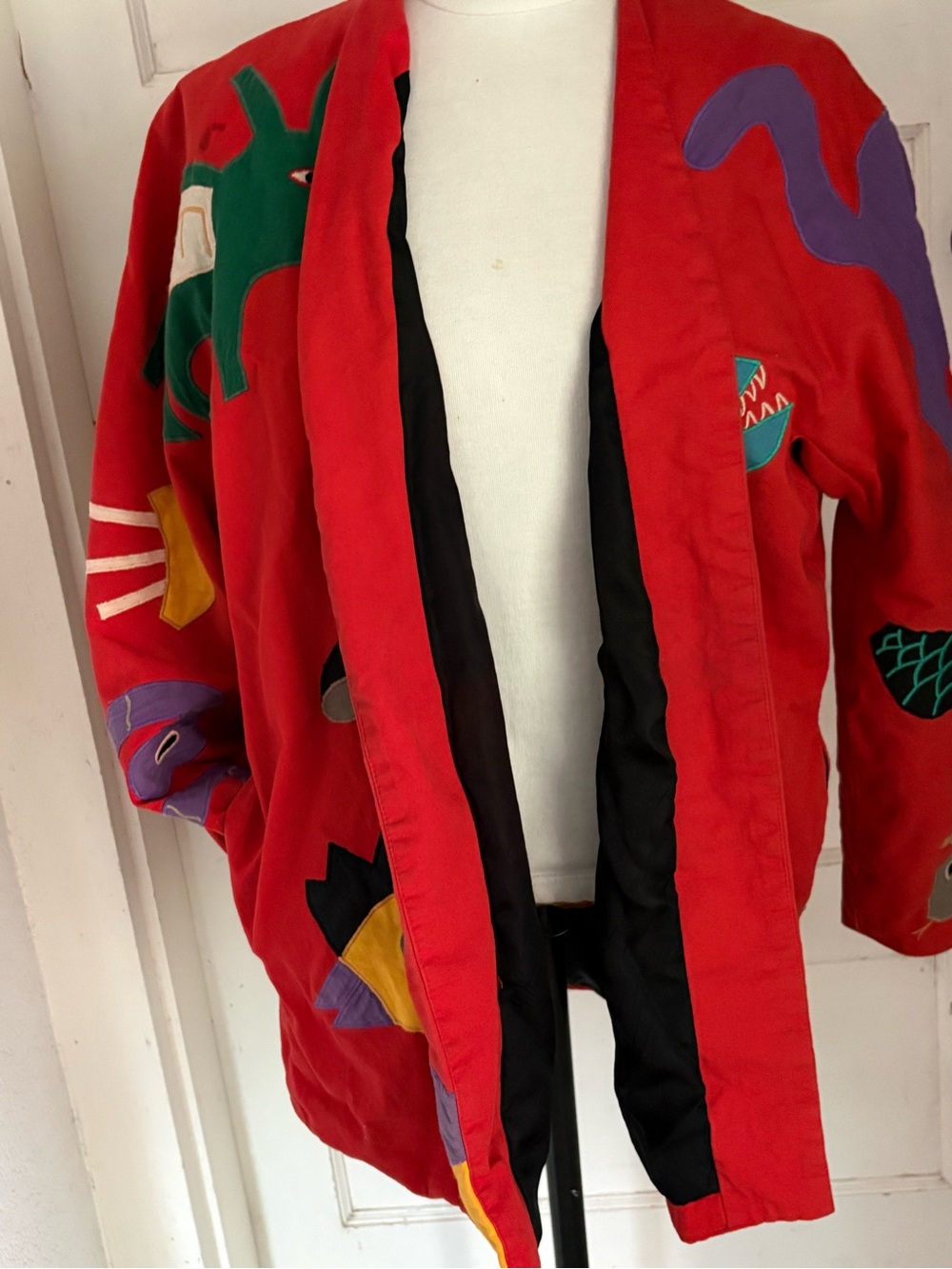 VTG Girasol Mexican Folk Art Red Applique Open Jacket Cardigan Blazer small